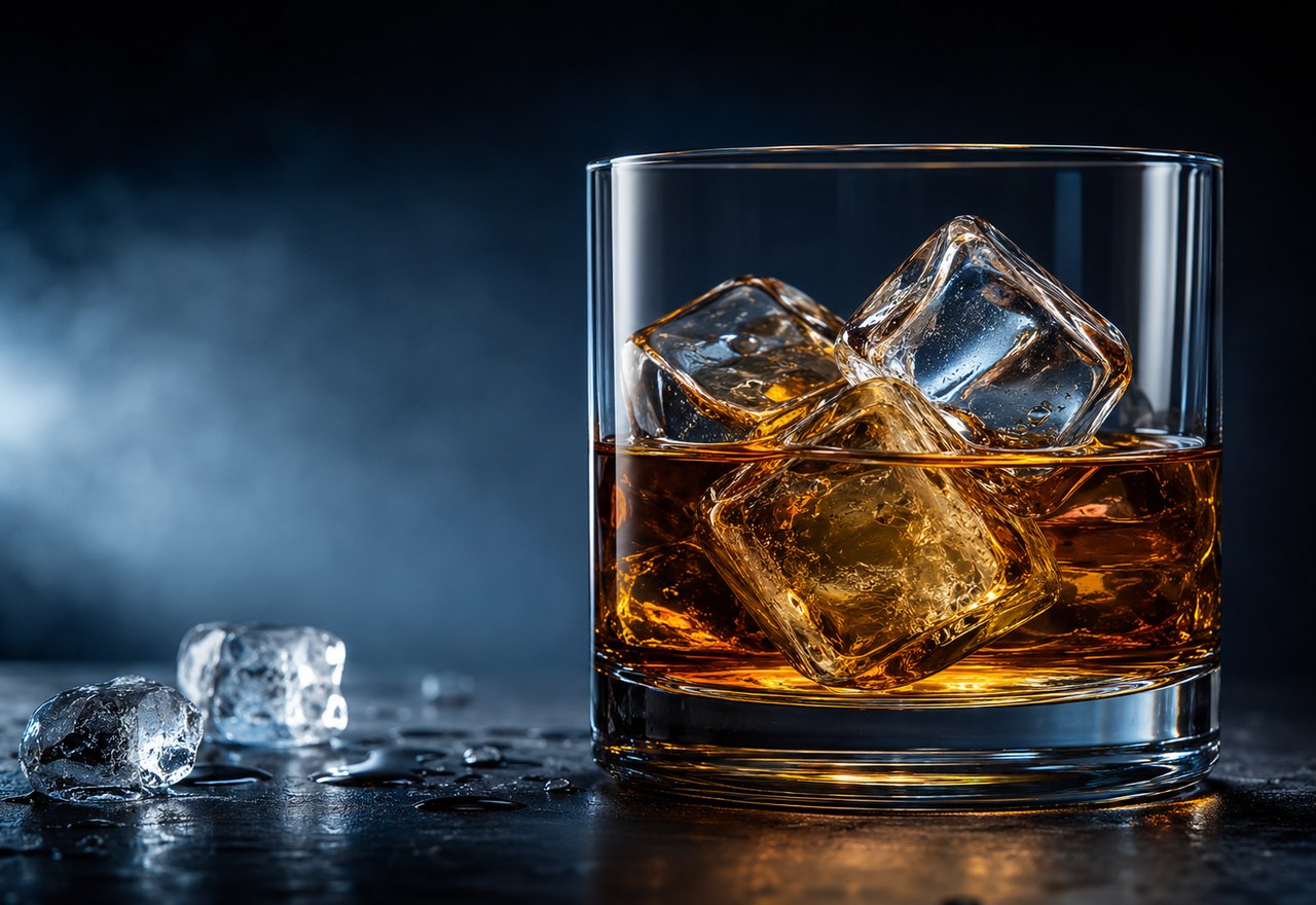 Whisky servido con cubitos de hielo transparente