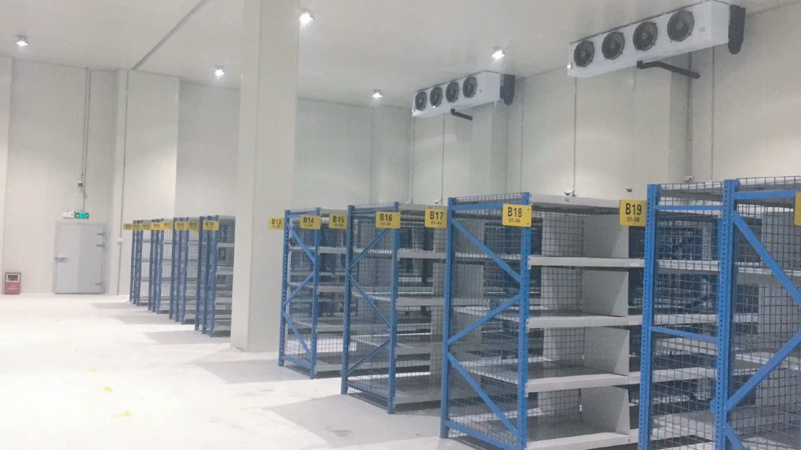 Cámara frigorífica refrigerada con estantes y enfriadores de aire de techo